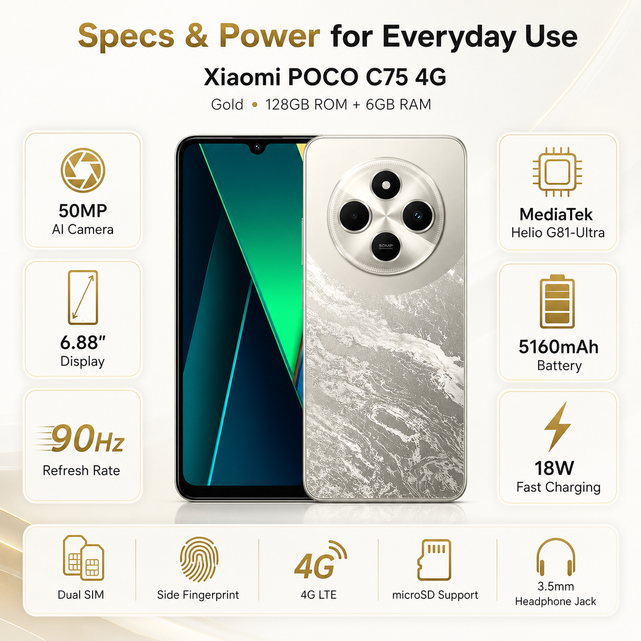 Xiaomi Poco C75 4G 128GB ROM 6GB RAM Dual SIM GSM Unlocked - Gold