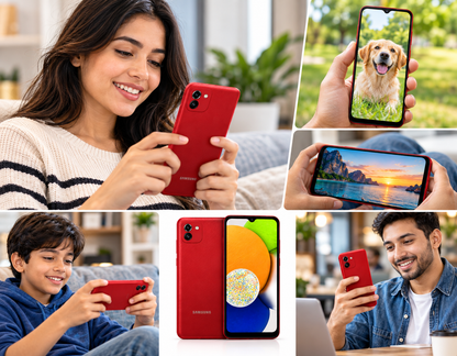 Samsung Galaxy A03 Red Samsung smartphone held by people, front screen and rear camera visible.