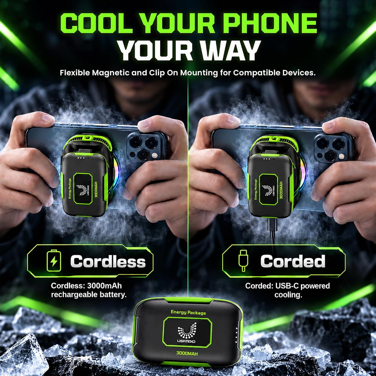JS85 Phone Cooler for Gaming, Magnetic 3000mAh RGB Fan for iPhone & iPad