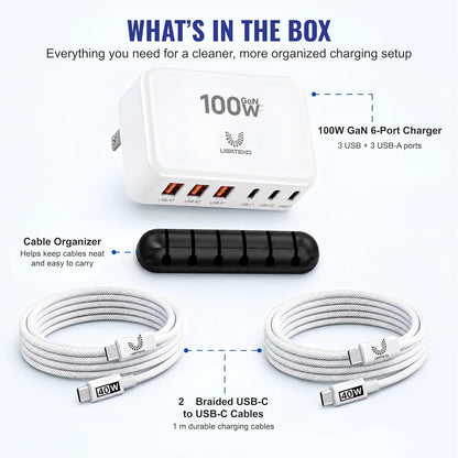100W GaN 6-Port USB-C Fast Charging Station with PD 3.0 & QC 3.0 for iPhone, Samsung, iPad and Tablets