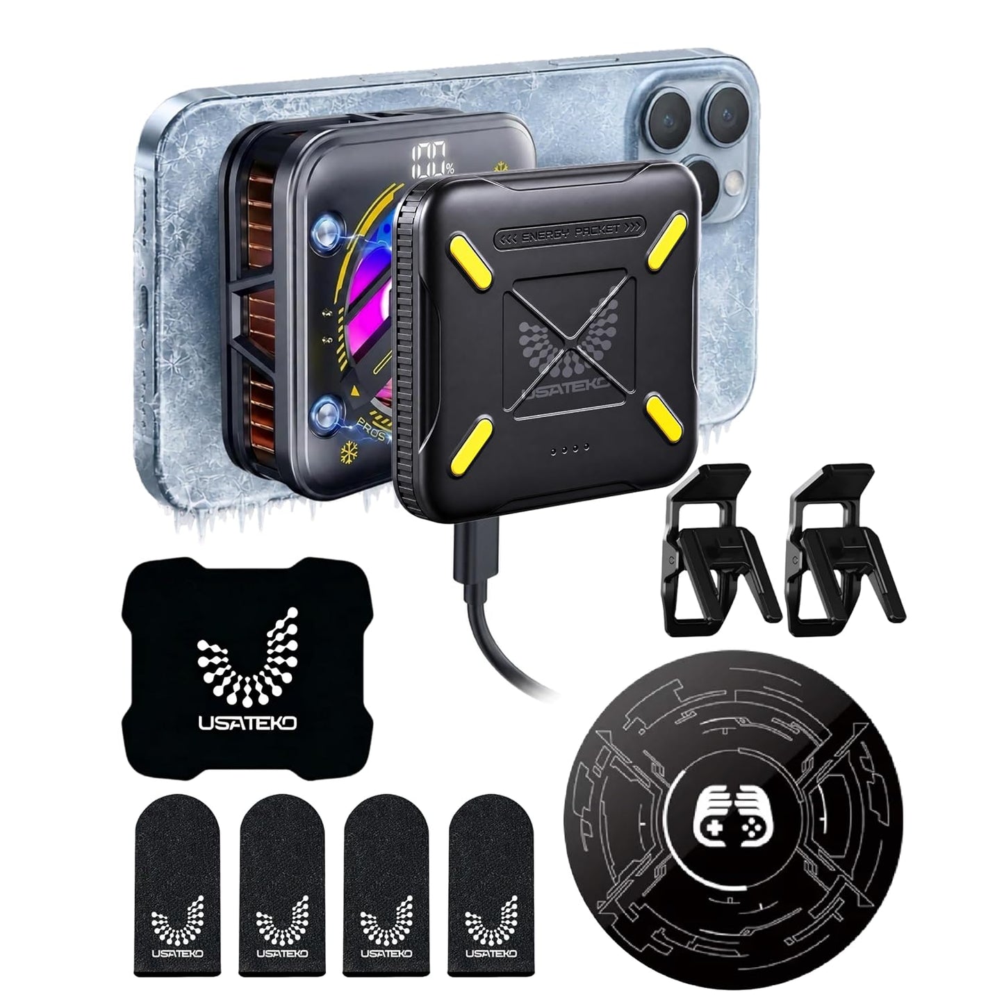 USATEKO Magnetic Phone Cooler Fan with RGB Display & 2500mAh Battery for iPhone & Android