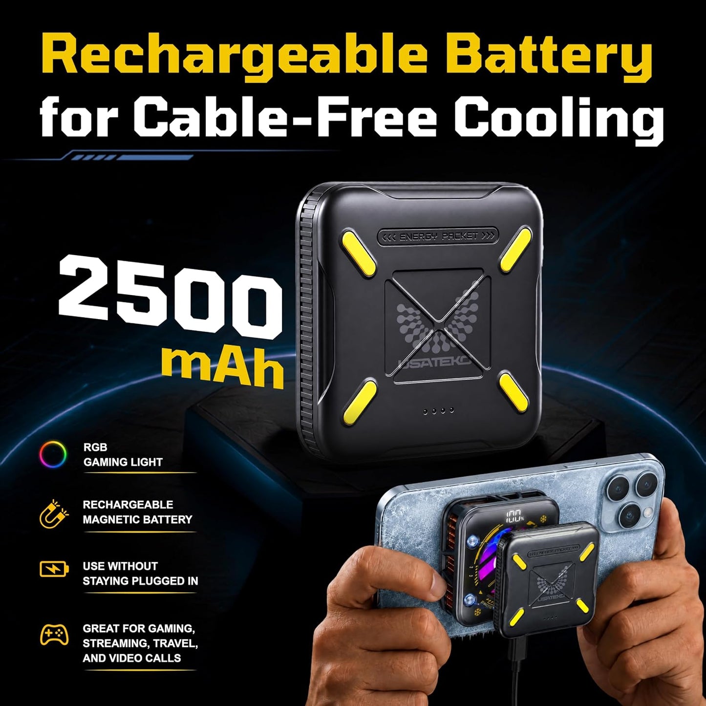USATEKO Magnetic Phone Cooler Fan with RGB Display & 2500mAh Battery for iPhone & Android