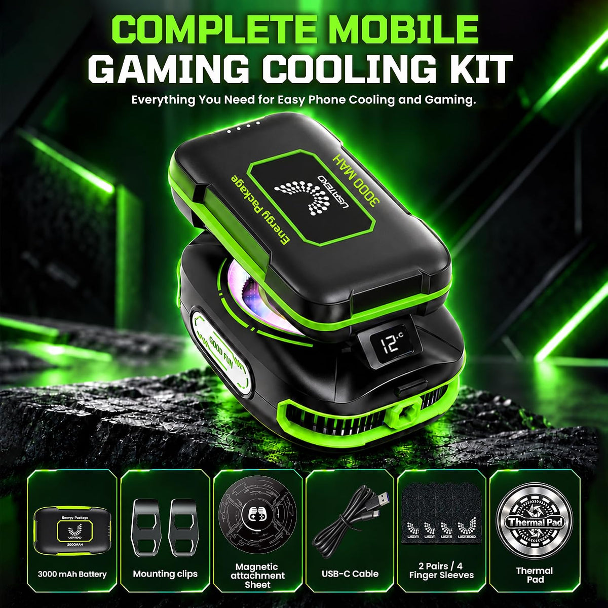 JS85 Phone Cooler for Gaming, Magnetic 3000mAh RGB Fan for iPhone & iPad