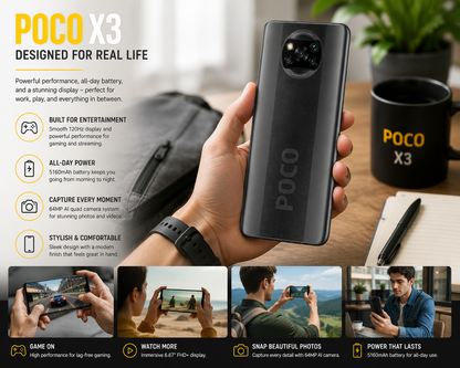 POCO X3 NFC shadow grey smartphone held in hand, rear camera visible.