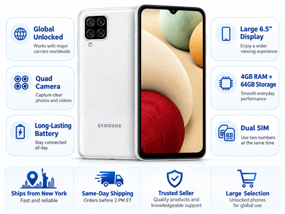 White Samsung Galaxy A12 smartphone with large touchscreen and quad camera array
