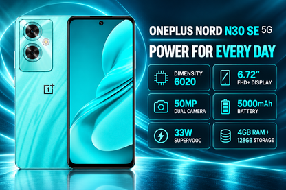 OnePlus Nord N30 SE unlocked phone in cyan sparkle with front display and dual rear camera