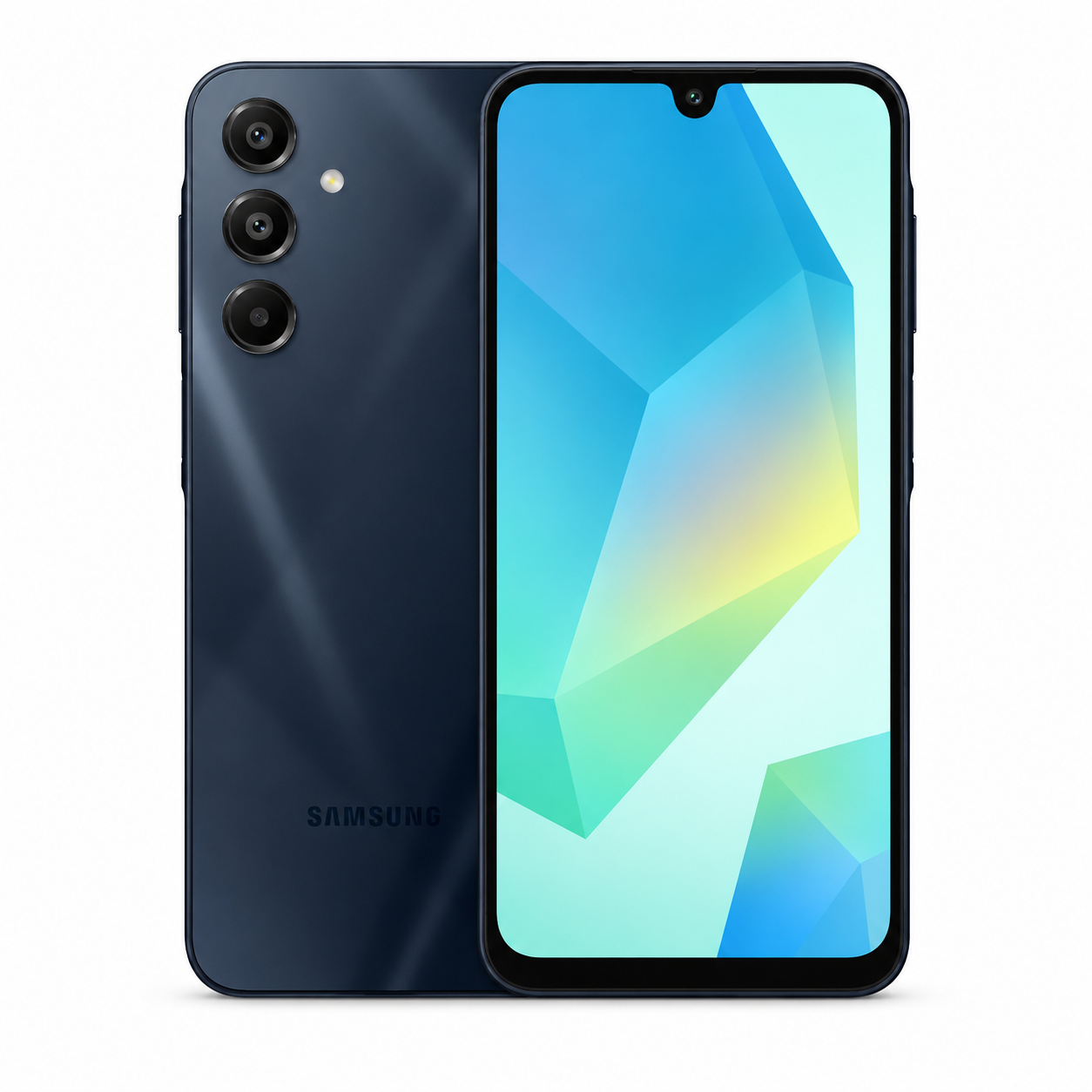 Black Samsung Galaxy A16 5G smartphone, front display and triple rear camera.