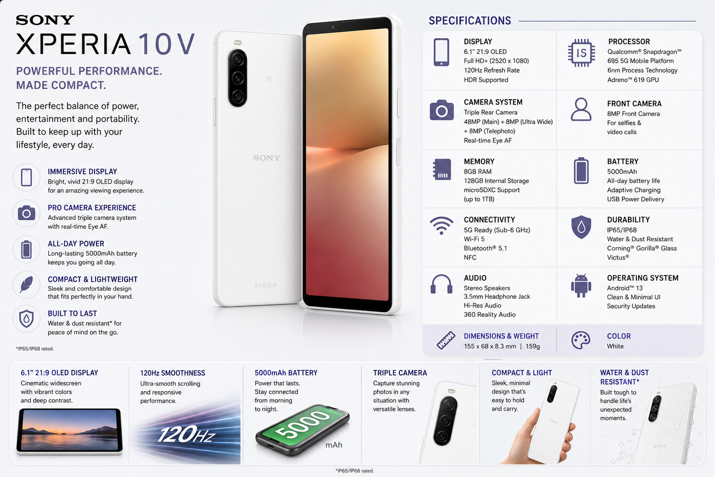 White Sony Xperia 10 V smartphone with front display and rear camera module