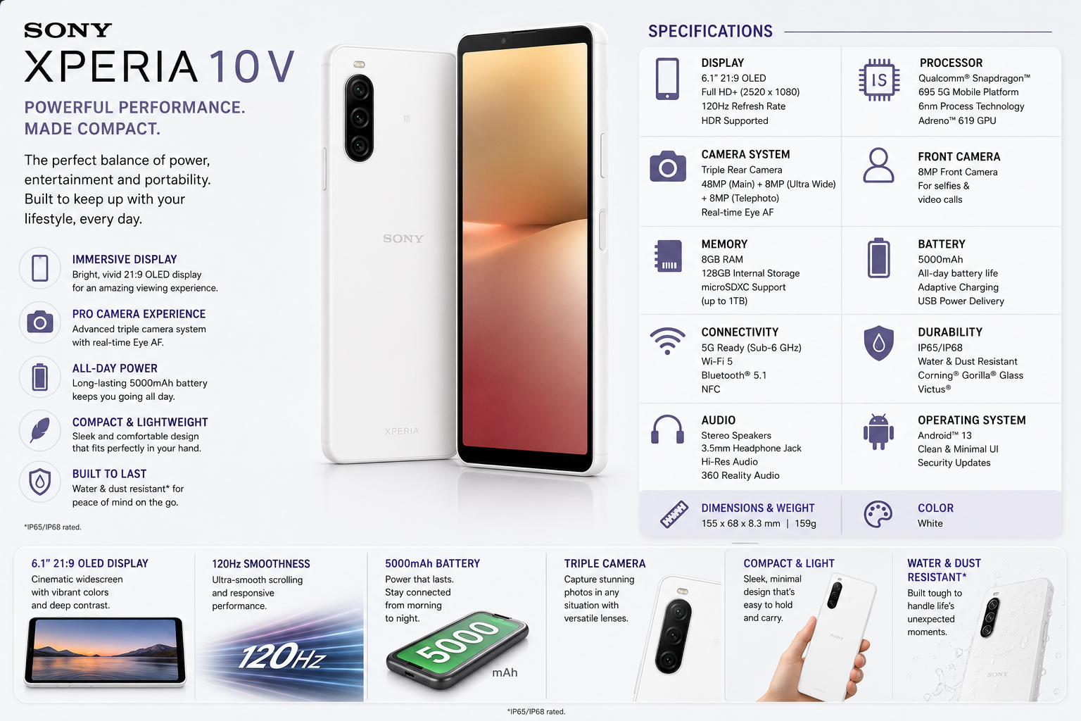 White Sony Xperia 10 V smartphone with front display and rear camera module