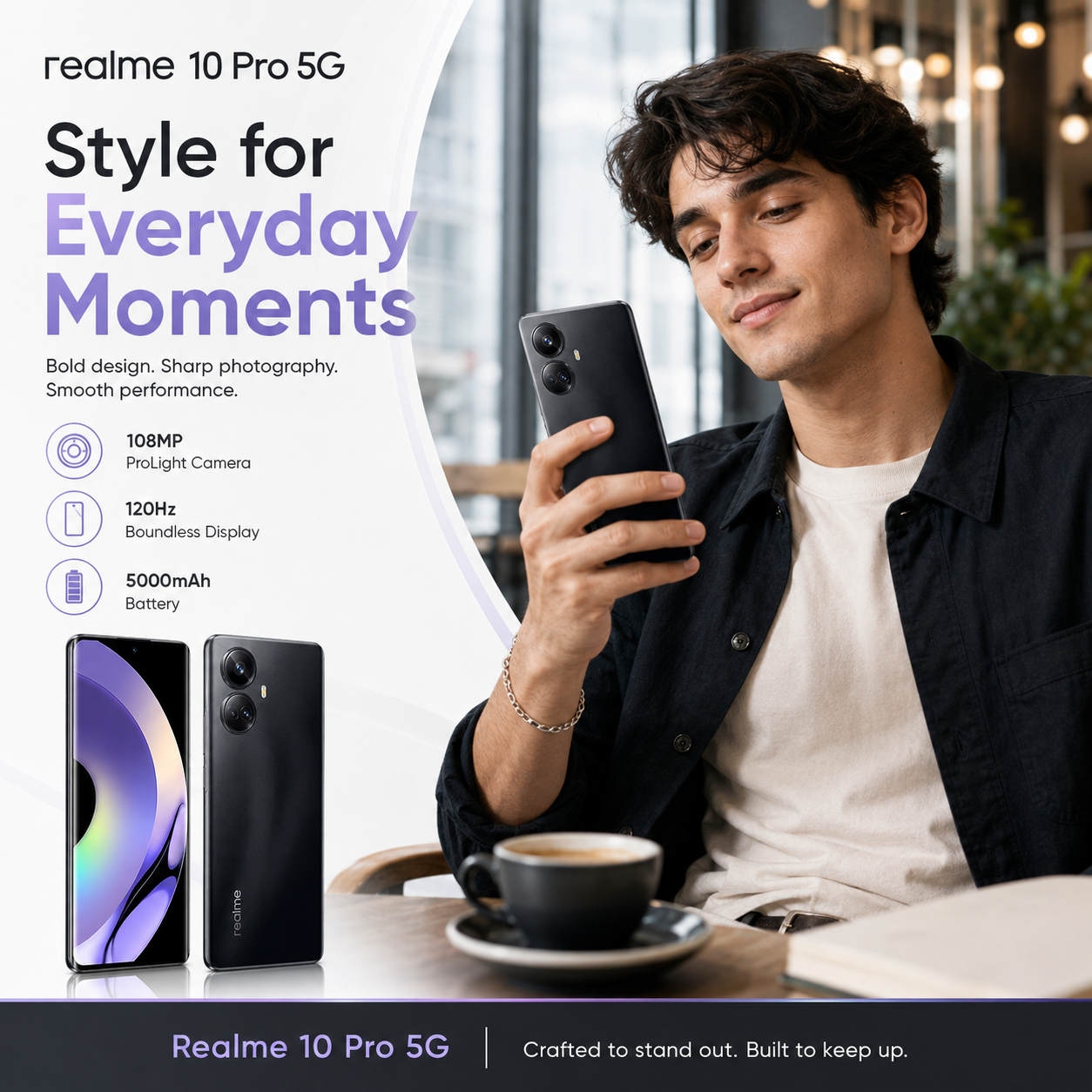 Realme 10 Pro 5G Black smartphone held in hand, dual rear cameras visible on the back.