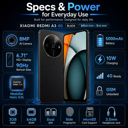 Xiaomi Redmi A3 4G 64GB ROM 3GB RAM Dual SIM GSM Unlocked - Black