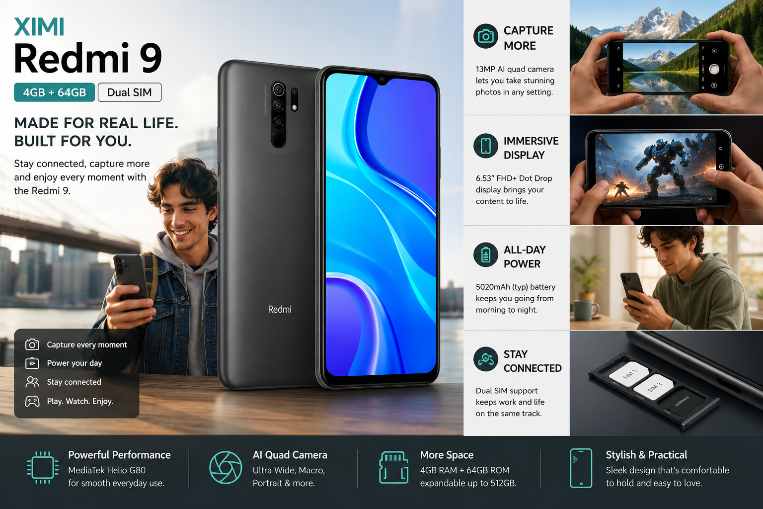 Carbon grey Redmi 9 unlocked dual-SIM smartphone, front and back with blue display