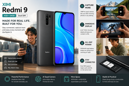 Carbon grey Redmi 9 unlocked dual-SIM smartphone, front and back with blue display