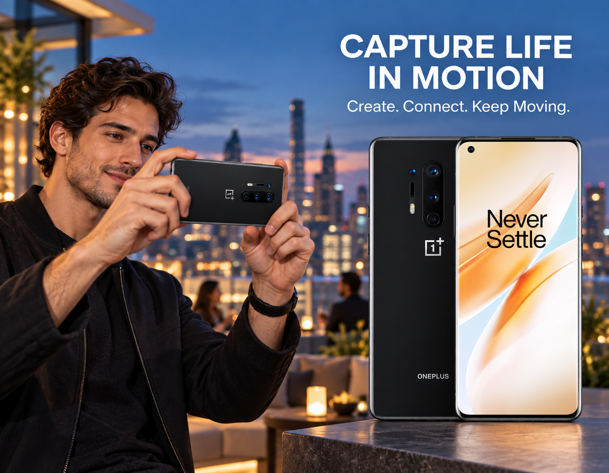 OnePlus 8 Pro 5G Onyx Black smartphone on-screen with Never Settle display and dual rear cameras