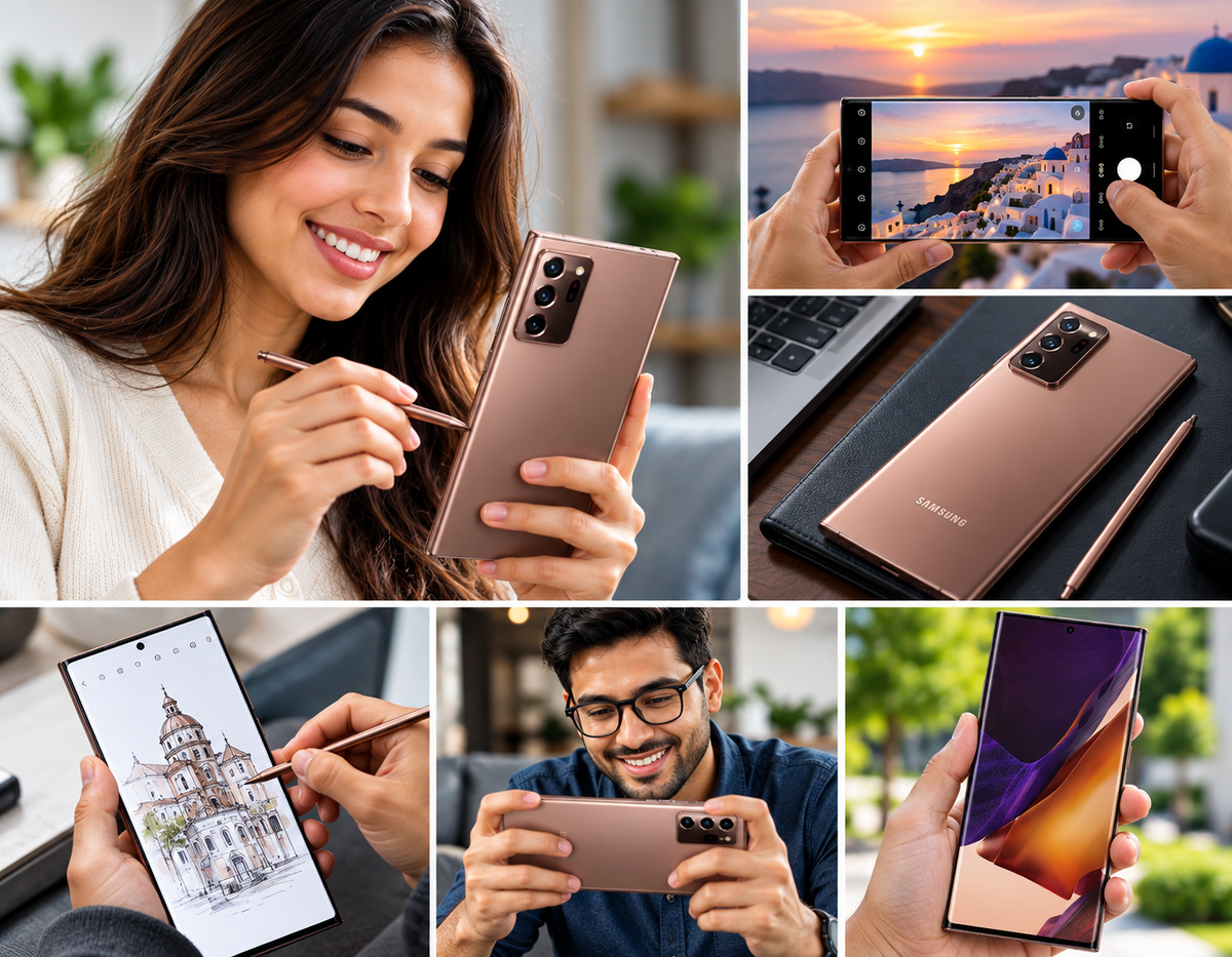 Samsung Galaxy Note 20 Ultra 5G Bronze smartphone held in hand, quad rear cameras visible