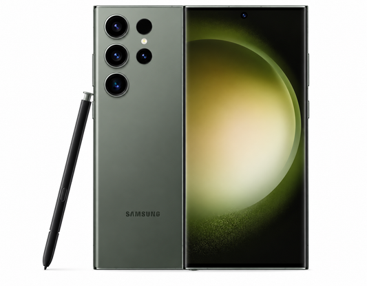 Green Samsung Galaxy S23 Ultra smartphone with S Pen and triple rear camera module