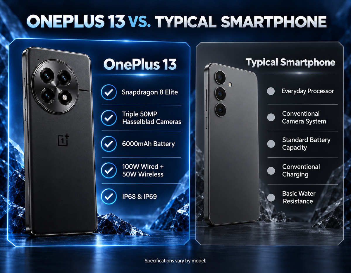 Black OnePlus 13 5G smartphone back view in a side-by-side comparison graphic
