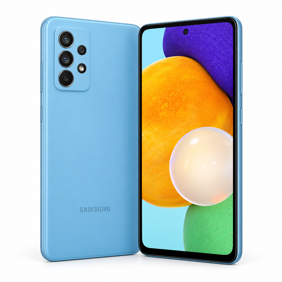 Samsung Galaxy A52 5G Awesome Blue smartphone with rear quad cameras and edge-to-edge front screen