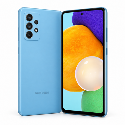 Samsung Galaxy A52 5G Awesome Blue smartphone with rear quad cameras and edge-to-edge front screen