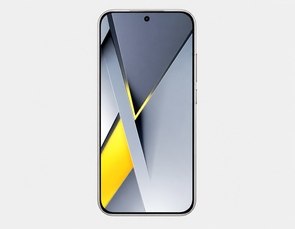 Xiaomi Poco F8 Pro 5G Front view of a silver smartphone with dark display and diagonal yellow accent graphic.