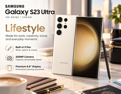 Cream Samsung Galaxy S23 Ultra smartphone showing front display and back cameras