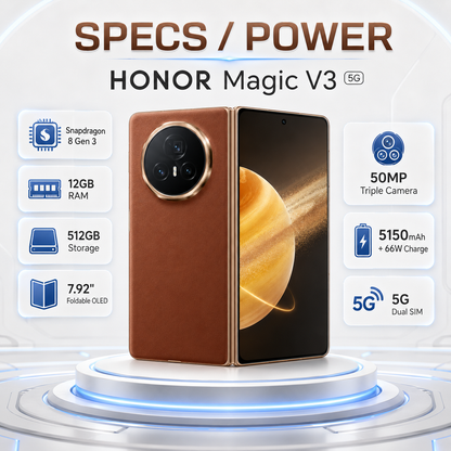 Brown foldable smartphone on display platform, open with front screen and camera ring.