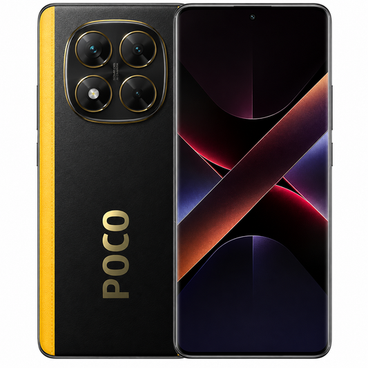 Black Poco X7 5G smartphone with yellow frame stripe, front screen and rear cameras