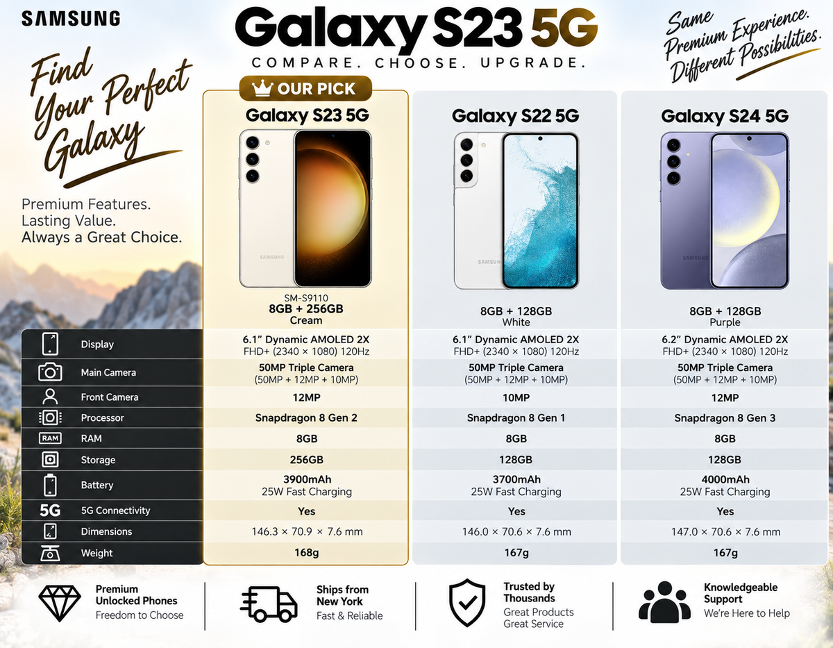 Samsung Galaxy S23 5G Cream smartphone in lineup view with front display and triple rear cameras