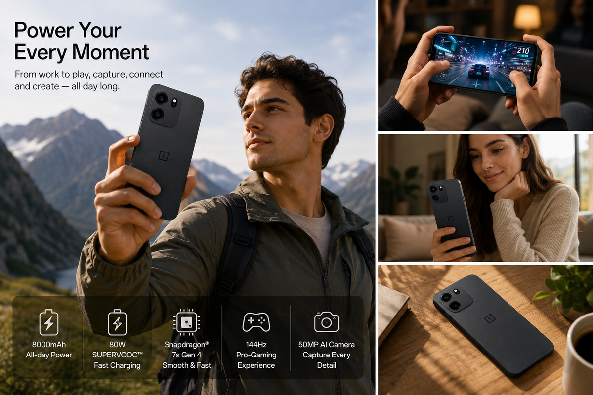 OnePlus Nord CE6 Black OnePlus smartphone held in hand with dual-angle phone photos shown