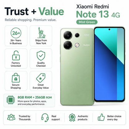 Xiaomi Redmi Note 13 4G 256GB ROM 8GB RAM Dual SIM GSM Unlocked - Mint Green