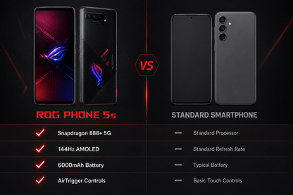 Asus ROG Phone 5S  Black gaming smartphone shown beside another device; rear cameras and logo visible