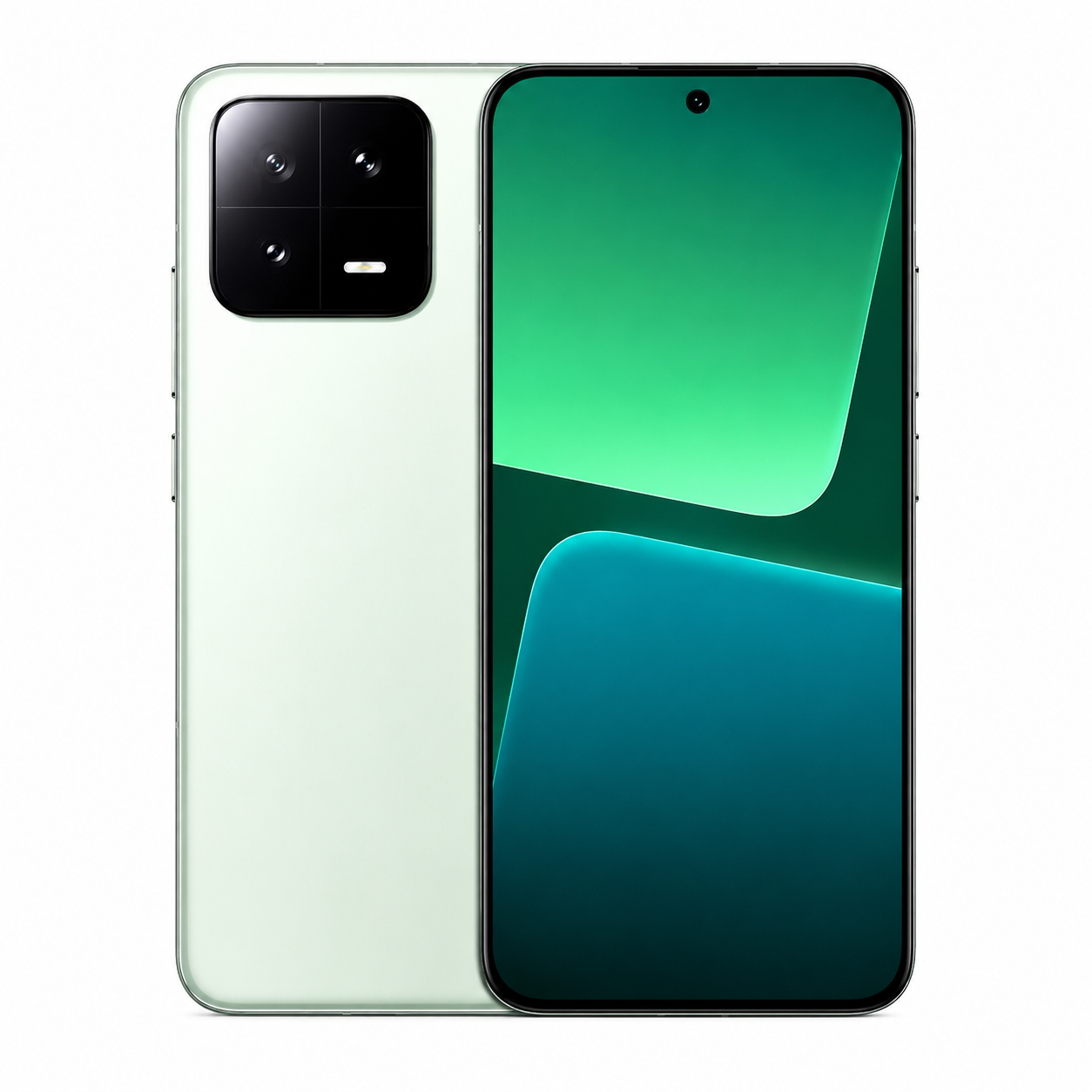 Green smartphone with dual rear cameras and glass front, front and back view