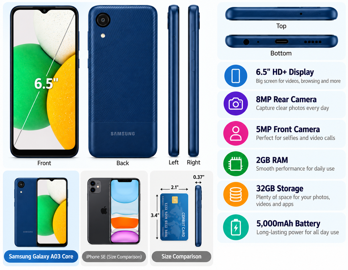 Samsung Galaxy A03 Core A032M Dual SIM 32GB ROM 2GB RAM GSM Unlocked - Blue