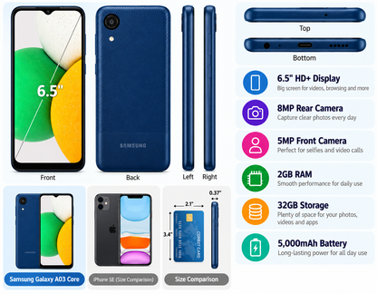 Samsung Galaxy A03 Core A032M Dual SIM 32GB ROM 2GB RAM GSM Unlocked - Blue