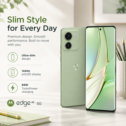 Olive green Motorola Edge 40 5G slim smartphone, rear and front shown