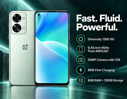 OnePlus Nord 2T CPH2399 5G Jade green unlocked smartphone with 6.43-inch 90Hz Fluid AMOLED and 50MP OIS