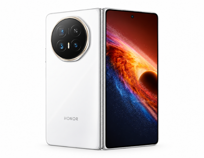 Honor Magic V6 5G White Honor foldable smartphone open with circular quad-camera and nebula display.