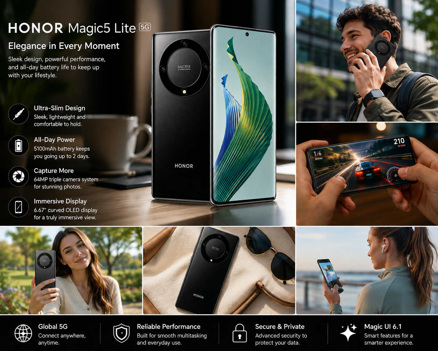 Black Honor Magic5 Lite 5G smartphone with front display, slim design and dual rear cameras