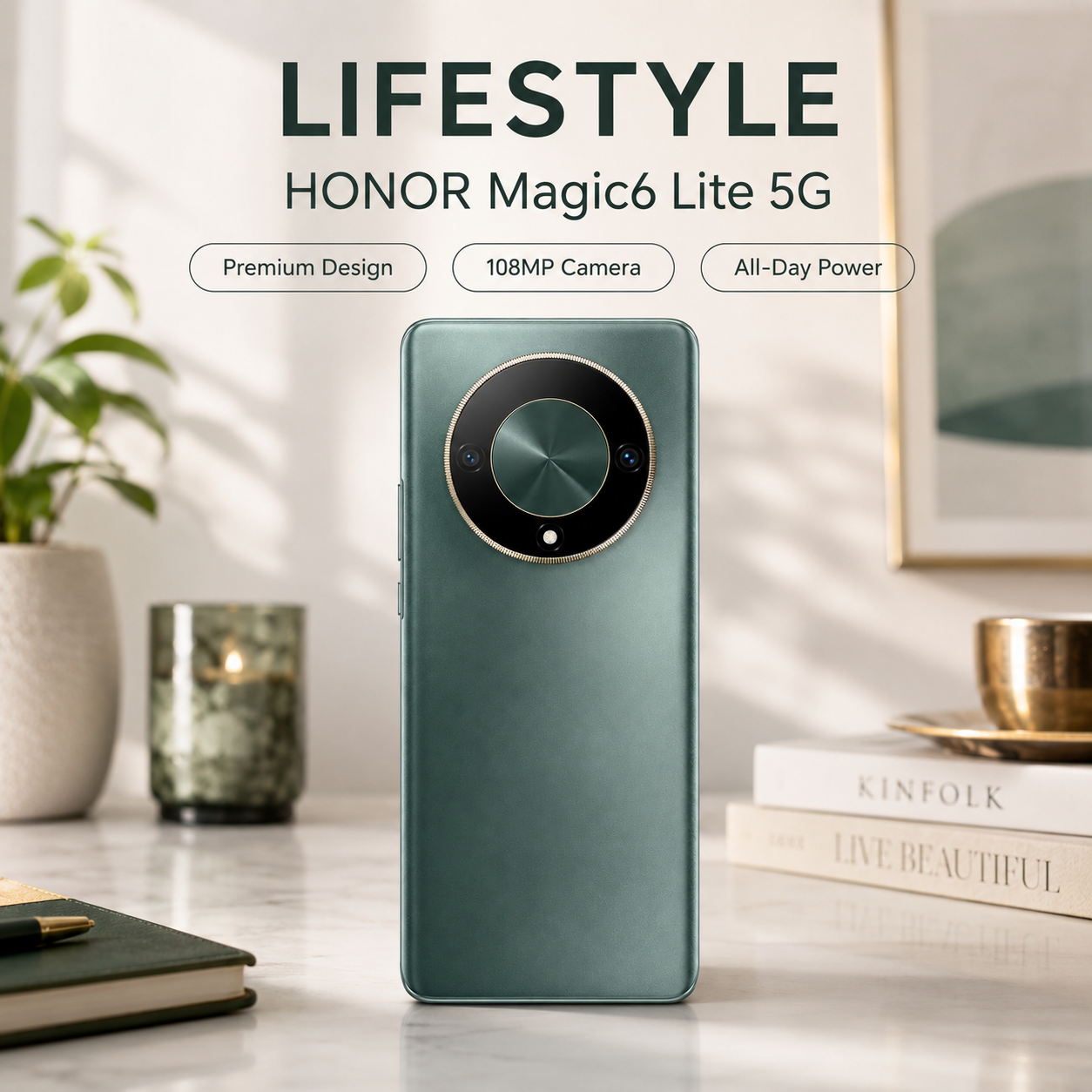 Green smartphone back view with circular camera module and smooth matte finish