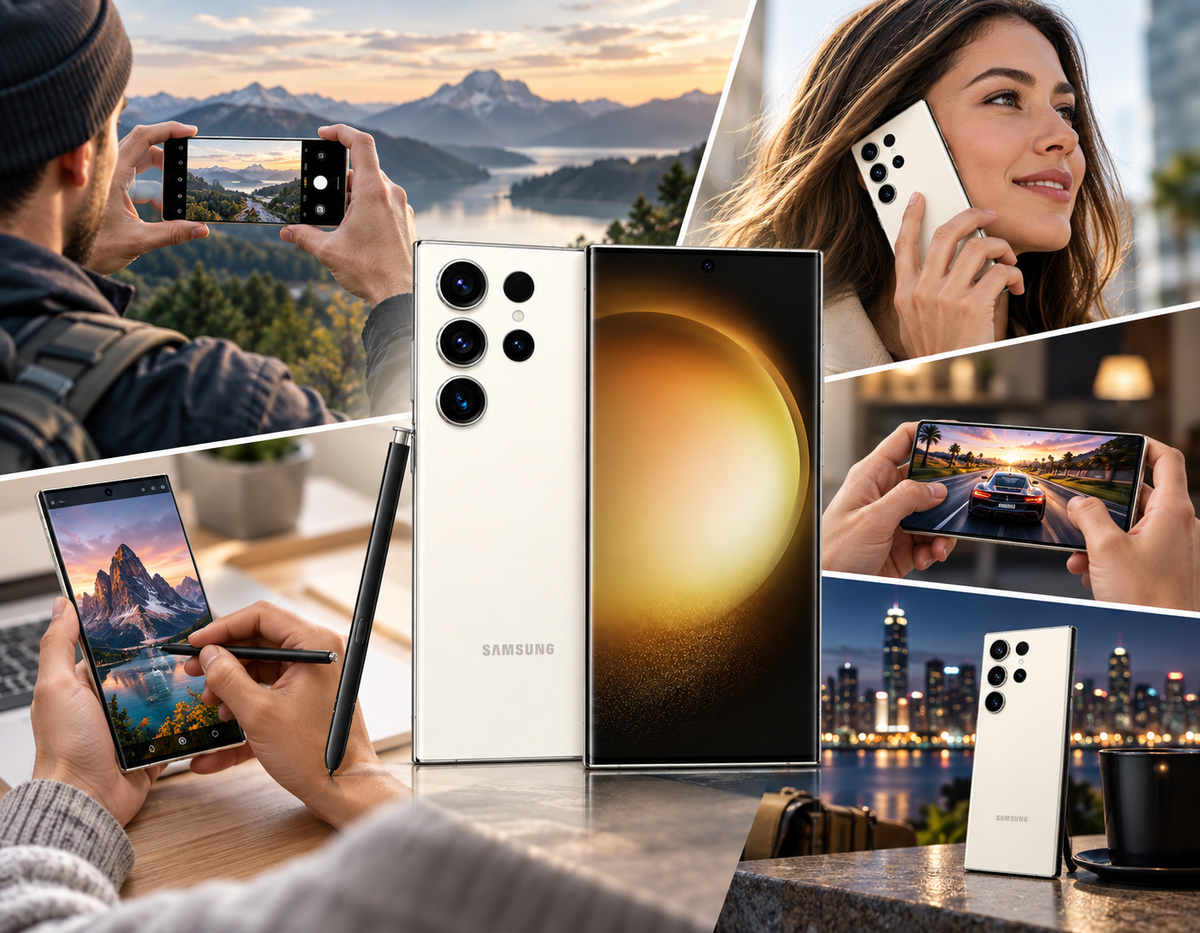 Cream Samsung Galaxy S23 Ultra 5G smartphone with S Pen, shown centered in a lifestyle scene