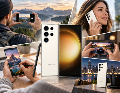 Cream Samsung Galaxy S23 Ultra 5G smartphone with S Pen, shown centered in a lifestyle scene