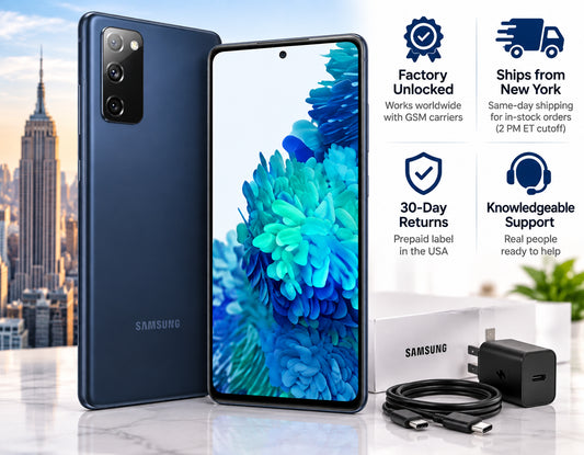 Samsung Galaxy S20 FE Navy smartphone front and back with charging accessories on display