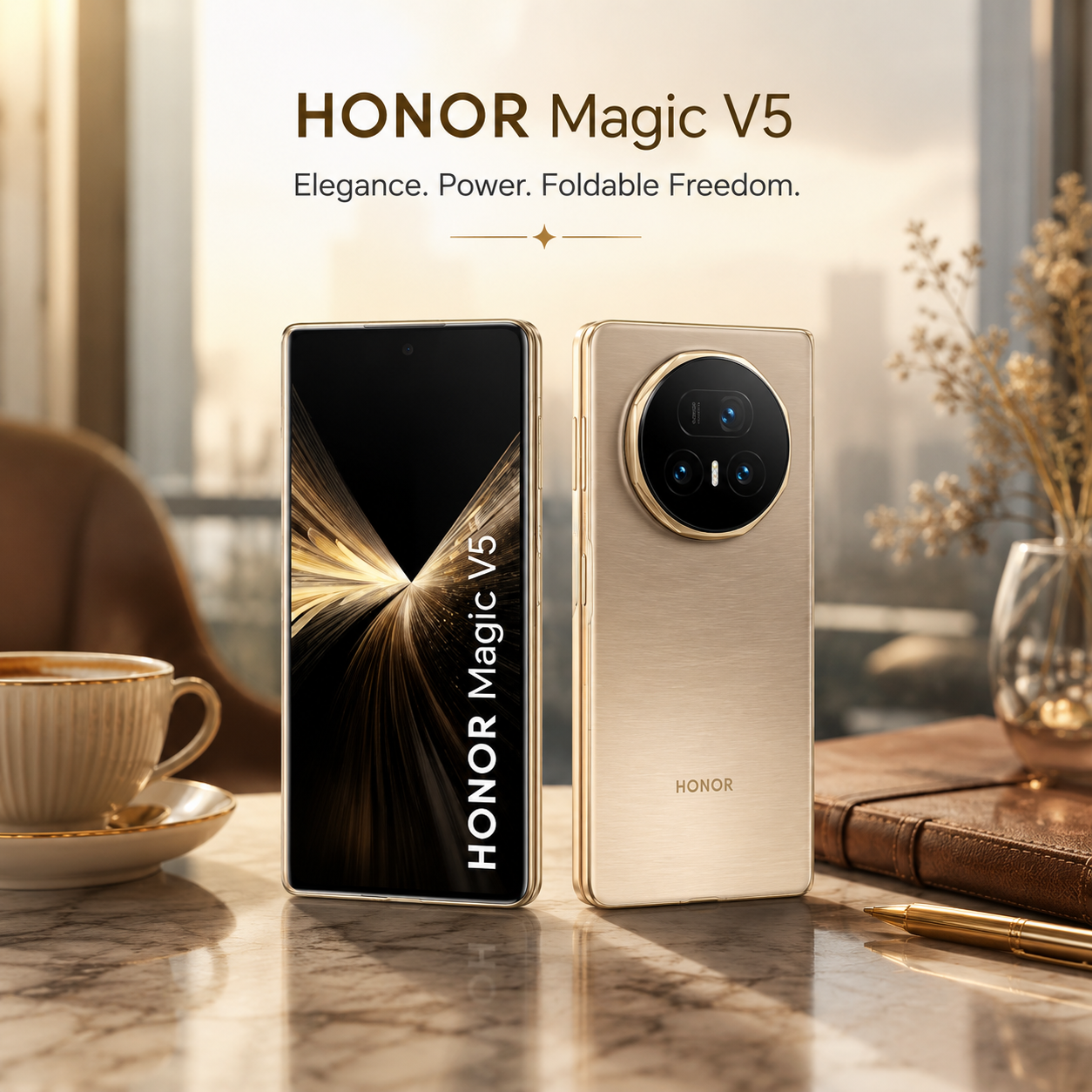 Gold foldable smartphone pair on a tabletop, front screen and rear triple camera shown.