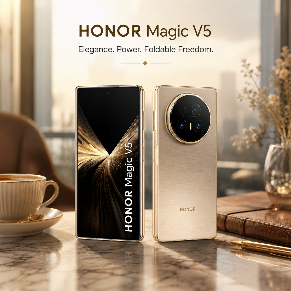Gold foldable smartphone pair on a tabletop, front screen and rear triple camera shown.