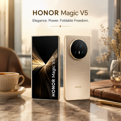 Gold foldable smartphone pair on a tabletop, front screen and rear triple camera shown.
