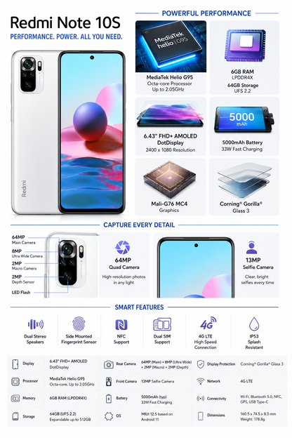 Xiaomi Redmi Note 10s 64GB 6GB RAM Dual SIM GSM Unlocked - Pebble White