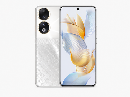 Honor 90 5G Diamond Silver smartphone front and back view with dual rear cameras and edge-to-edge display