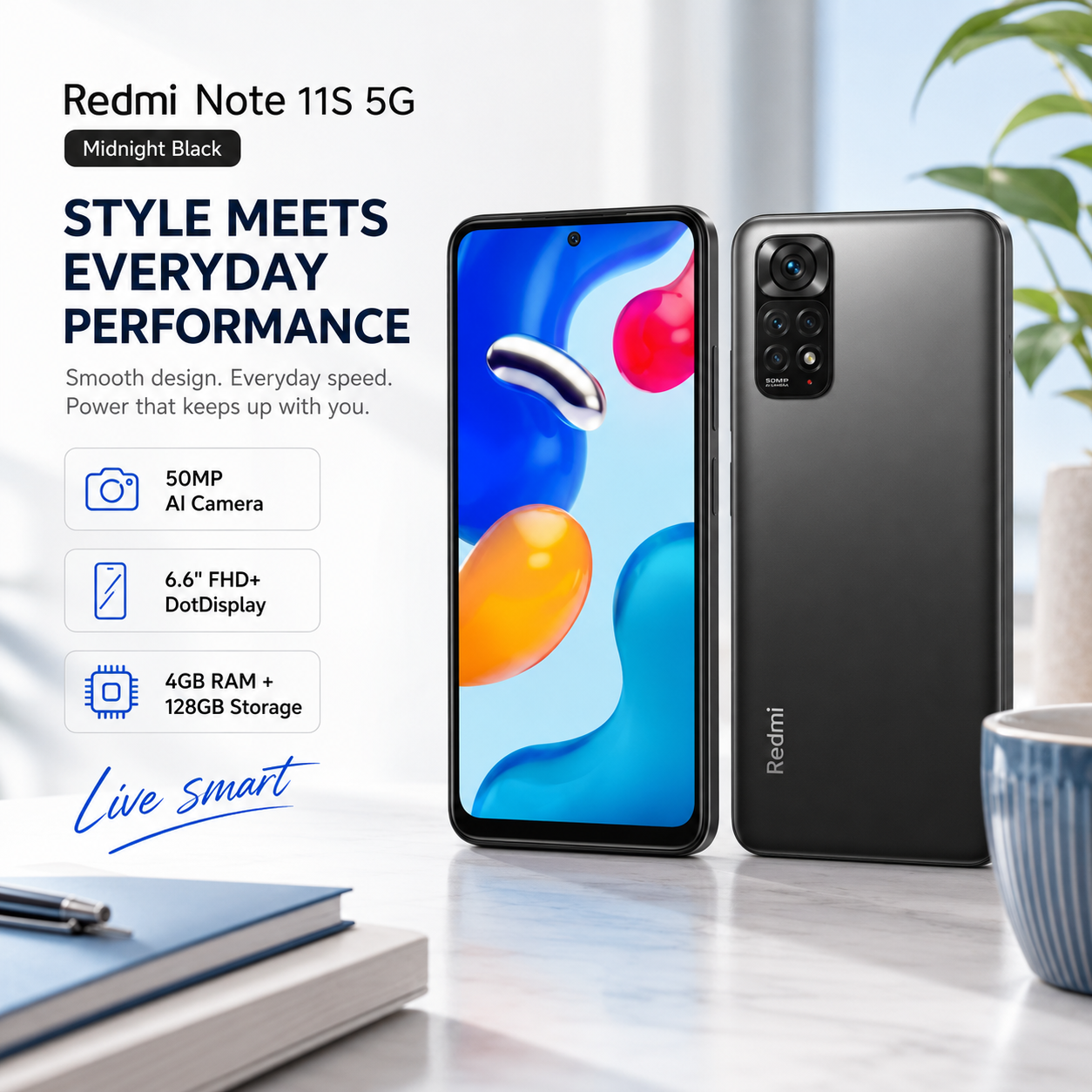Xiaomi Redmi Note 11S 5G 128GB ROM 4GB RAM Dual SIM GSM Unlocked - Midnight Black