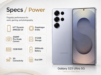 Samsung Galaxy S25 Ultra smartphone, silver blue front and rear with multi-lens cameras
