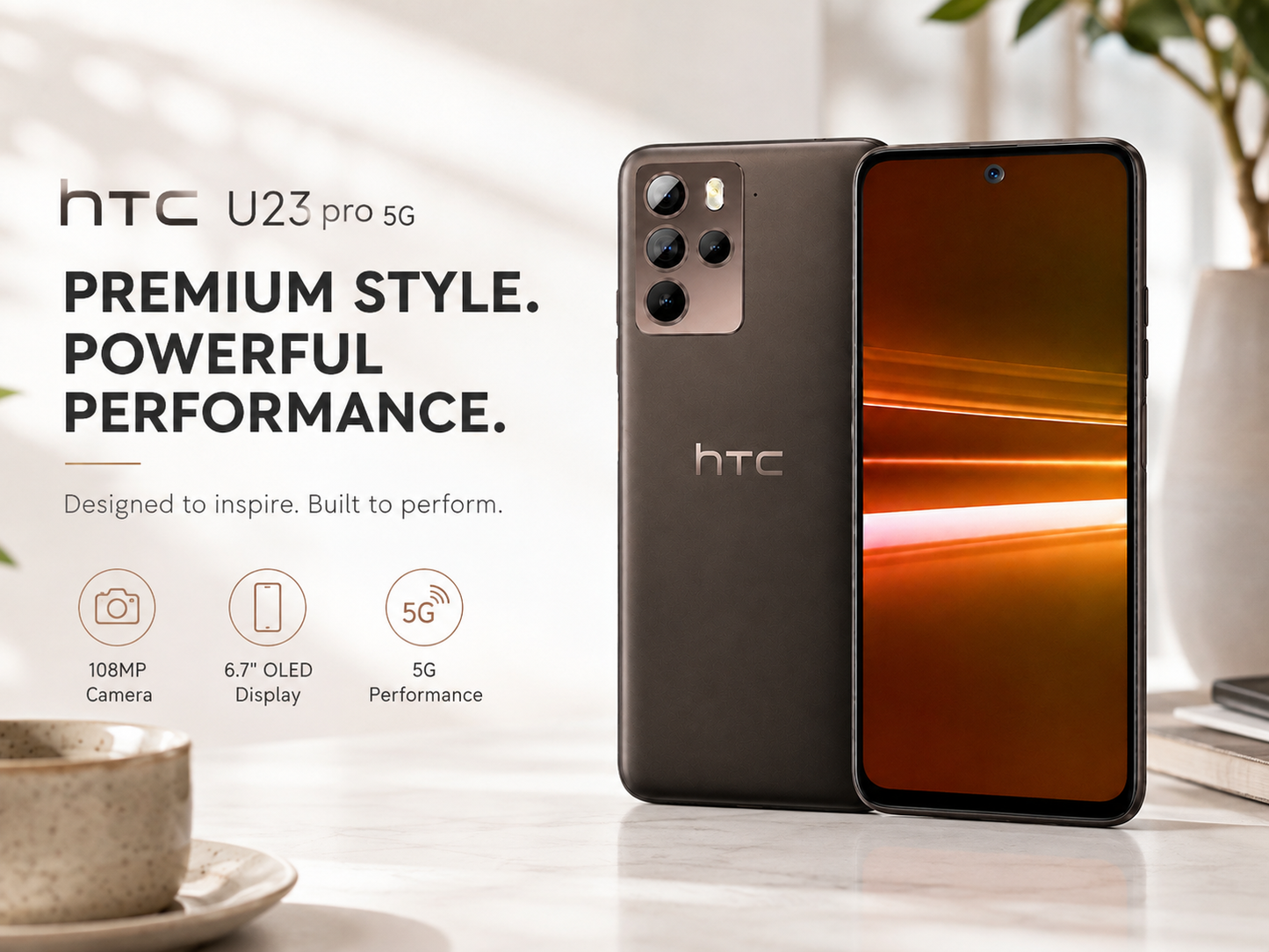 HTC U23 Pro 5G Black HTC smartphone showing back camera panel and amber-lit front display